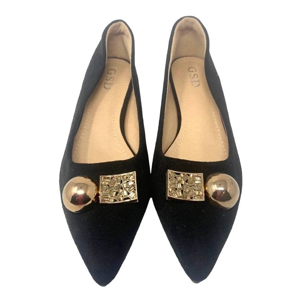 GSD Womens Black Suede Pointed Toe Block Heel Pumps Gold Crystal Embellished 39